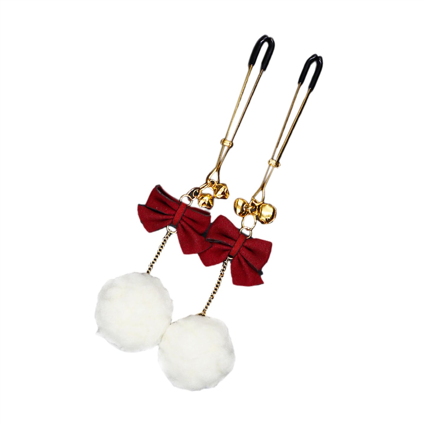 White Hair Ball Red Bow Bell Metal Clip Nipple Cla