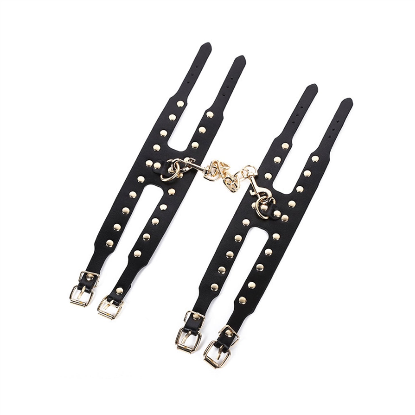 PU Leather Handcuffs Gold Rivet Chain Cuff Punk Ro