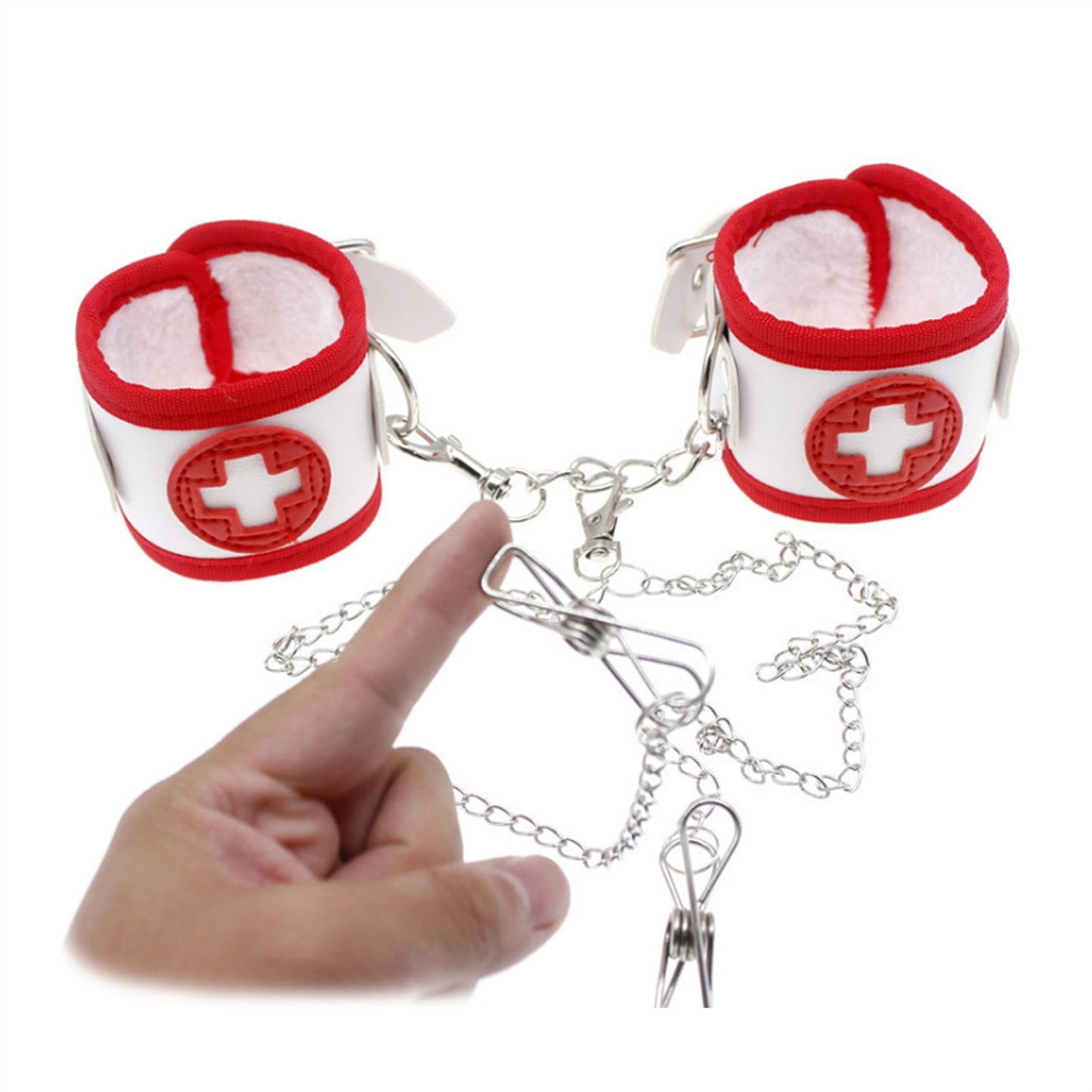 PU Leather Mouth Plug Handcuffs Gold Rivet Chain C