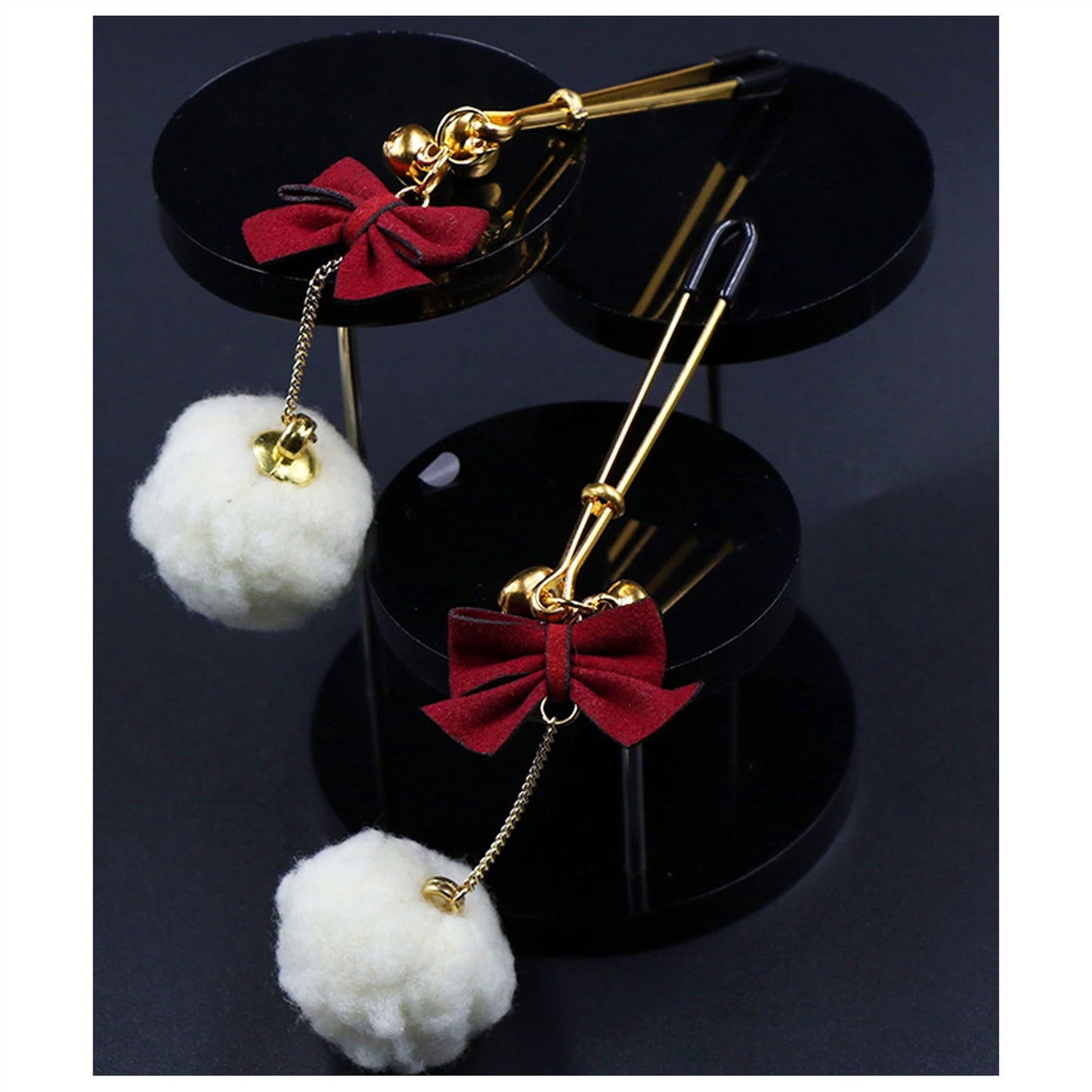 White Hair Ball Red Bow Bell Metal Clip Nipple Cla