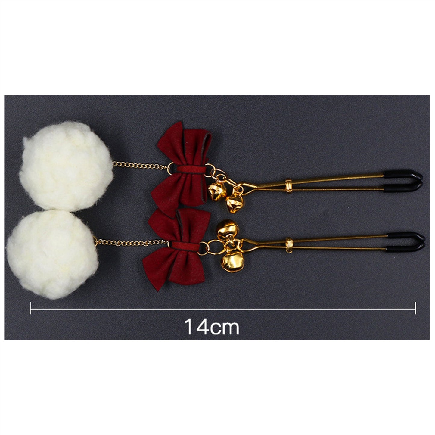 White Hair Ball Red Bow Bell Metal Clip Nipple Cla