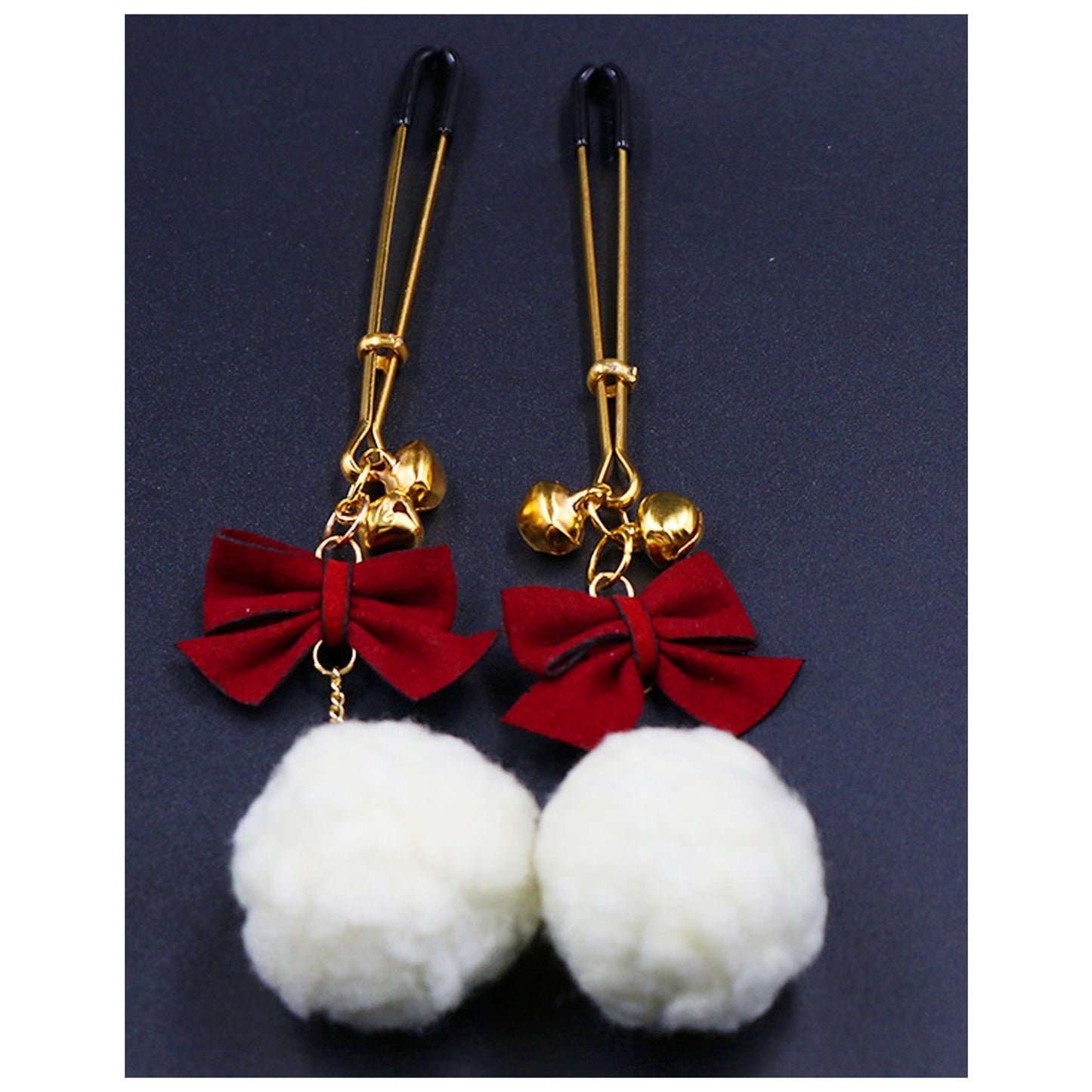 White Hair Ball Red Bow Bell Metal Clip Nipple Cla