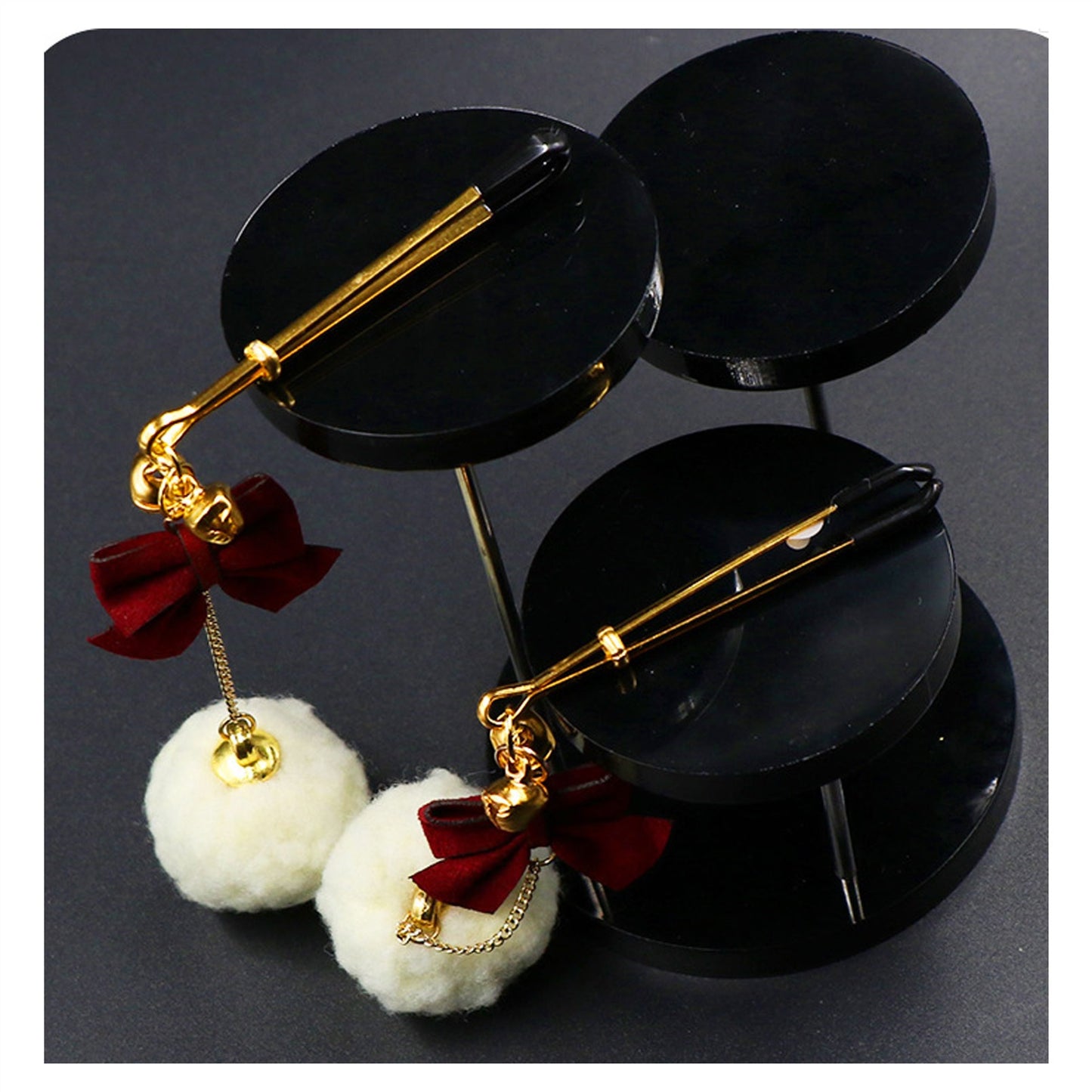 White Hair Ball Red Bow Bell Metal Clip Nipple Cla