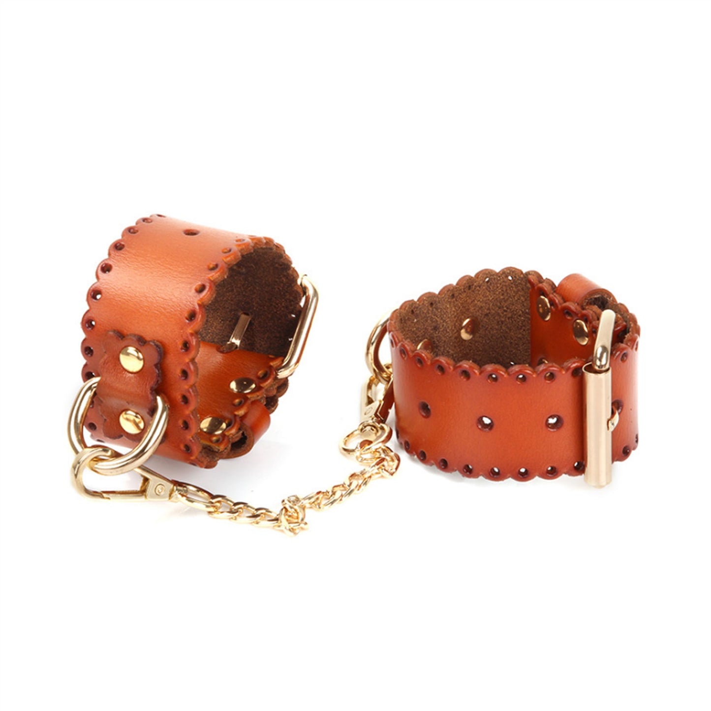Leather Handcuffs Gold Rivet Chain Cuff Punk Rock