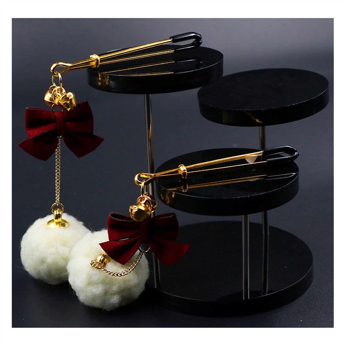 White Hair Ball Red Bow Bell Metal Clip Nipple Cla