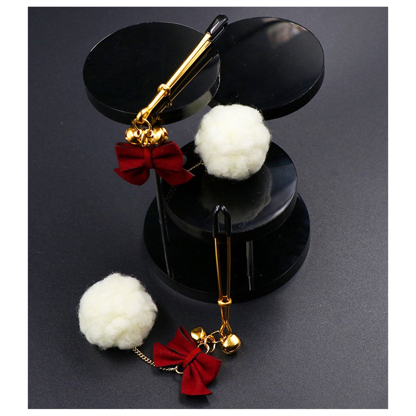 White Hair Ball Red Bow Bell Metal Clip Nipple Cla