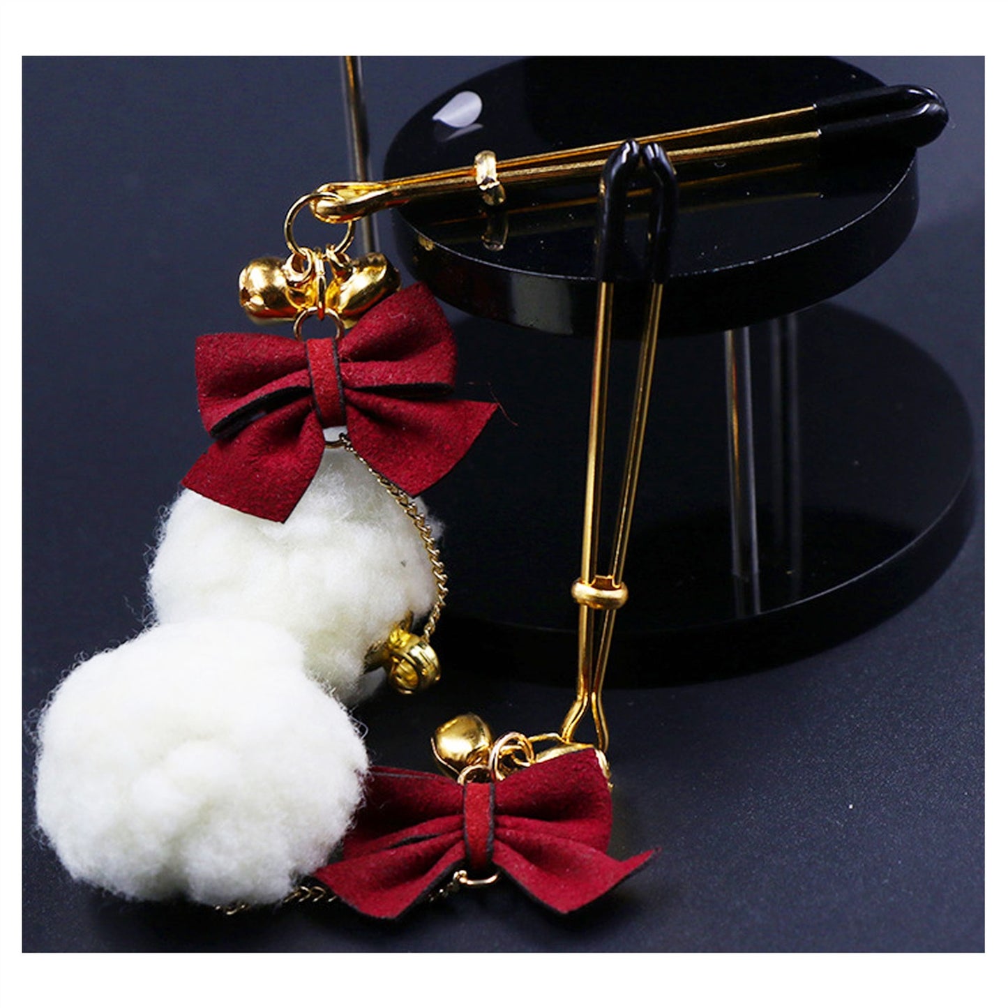 White Hair Ball Red Bow Bell Metal Clip Nipple Cla