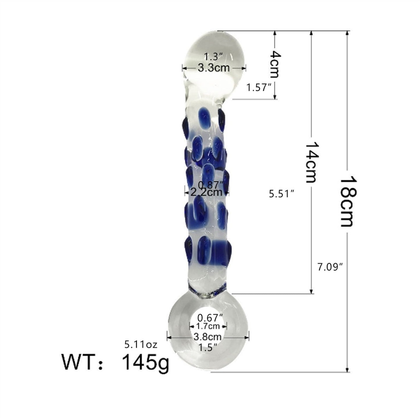 Blue dot simulation penis transparent glass crysta