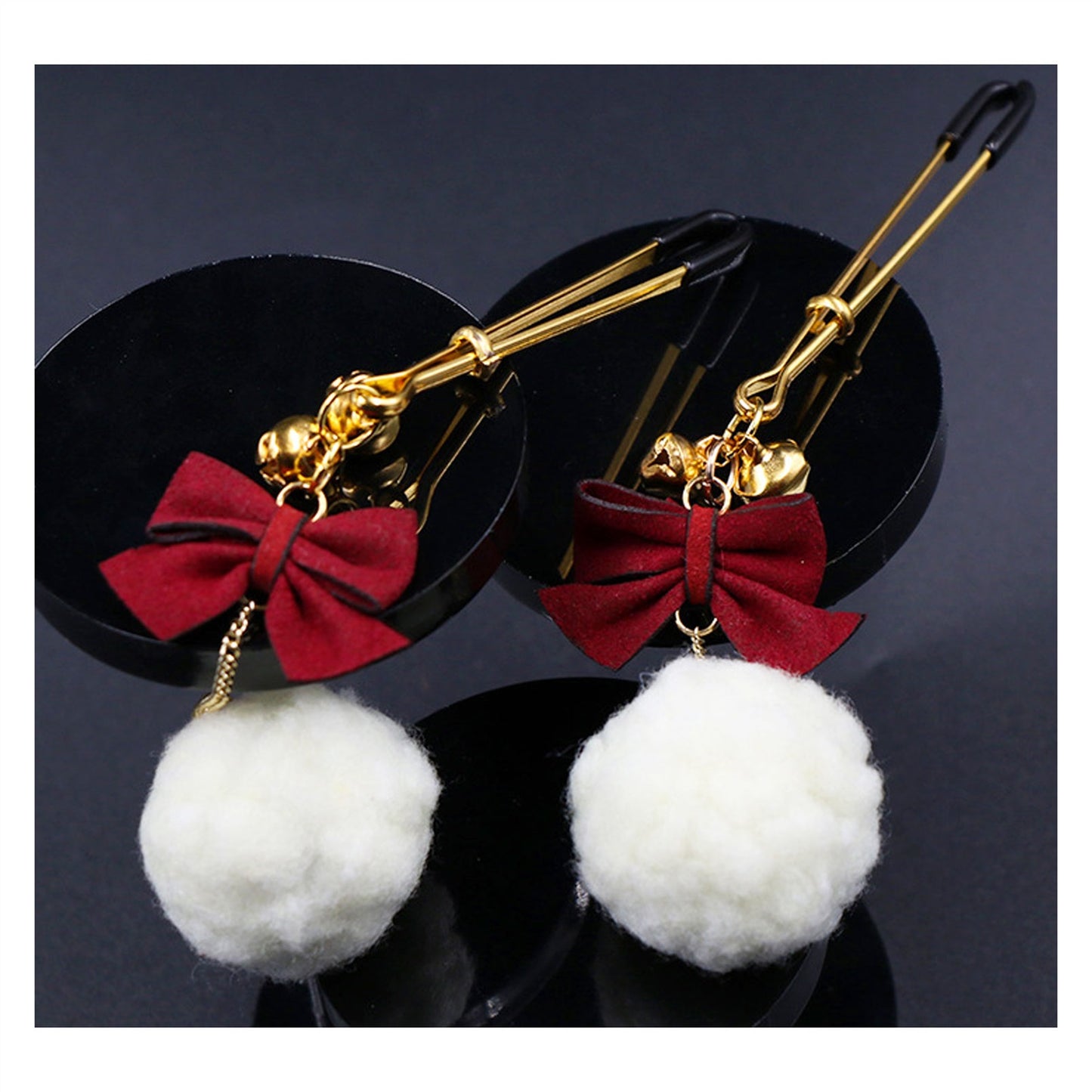 White Hair Ball Red Bow Bell Metal Clip Nipple Cla