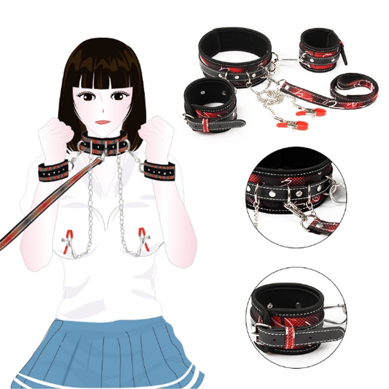 Bed Straps Red Checkered PU Leather Collar Cuffs S