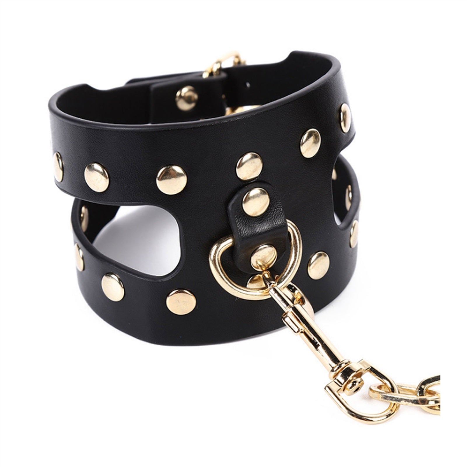 PU Leather Handcuffs Gold Rivet Chain Cuff Punk Ro