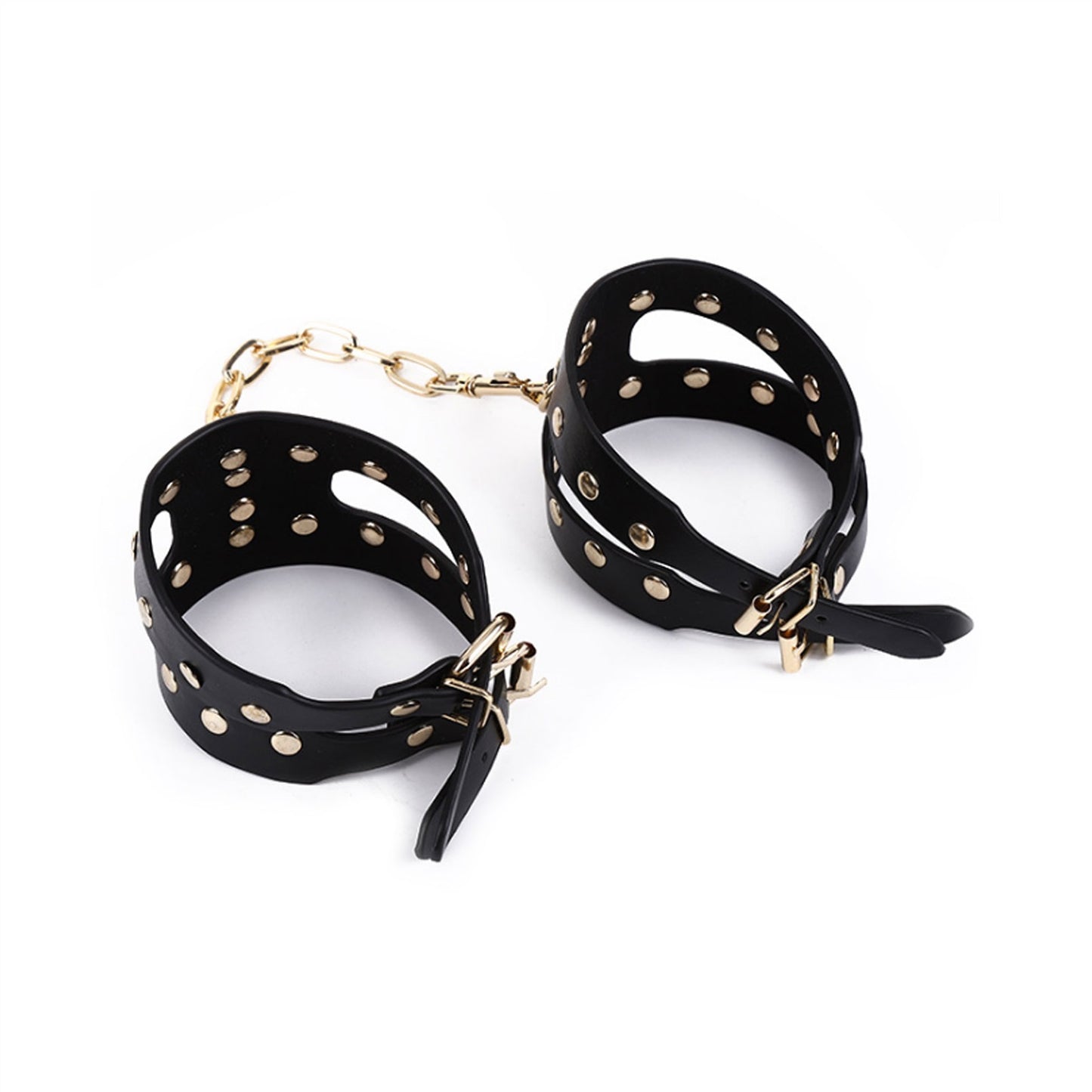 PU Leather Handcuffs Gold Rivet Chain Cuff Punk Ro