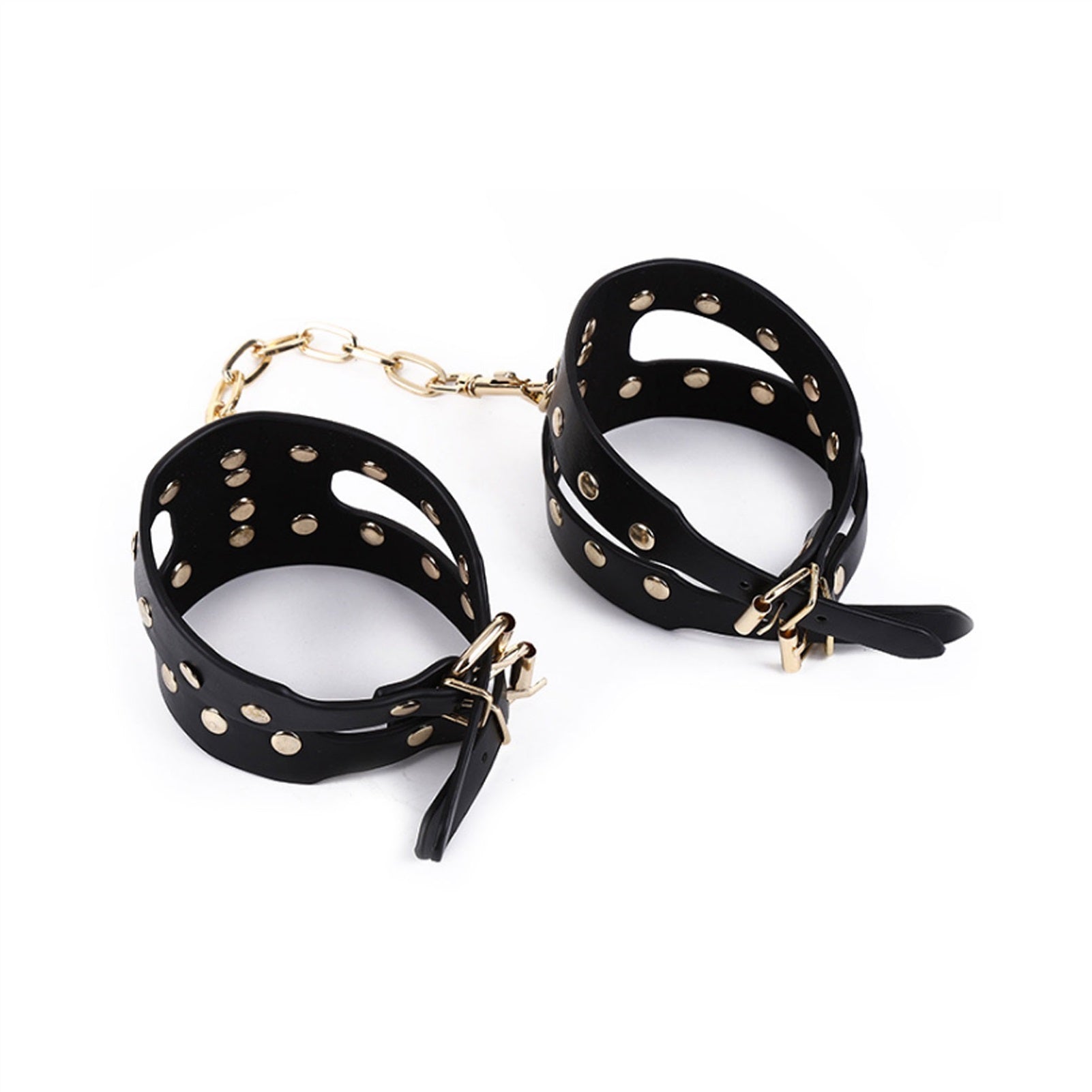 PU Leather Handcuffs Gold Rivet Chain Cuff Punk Ro