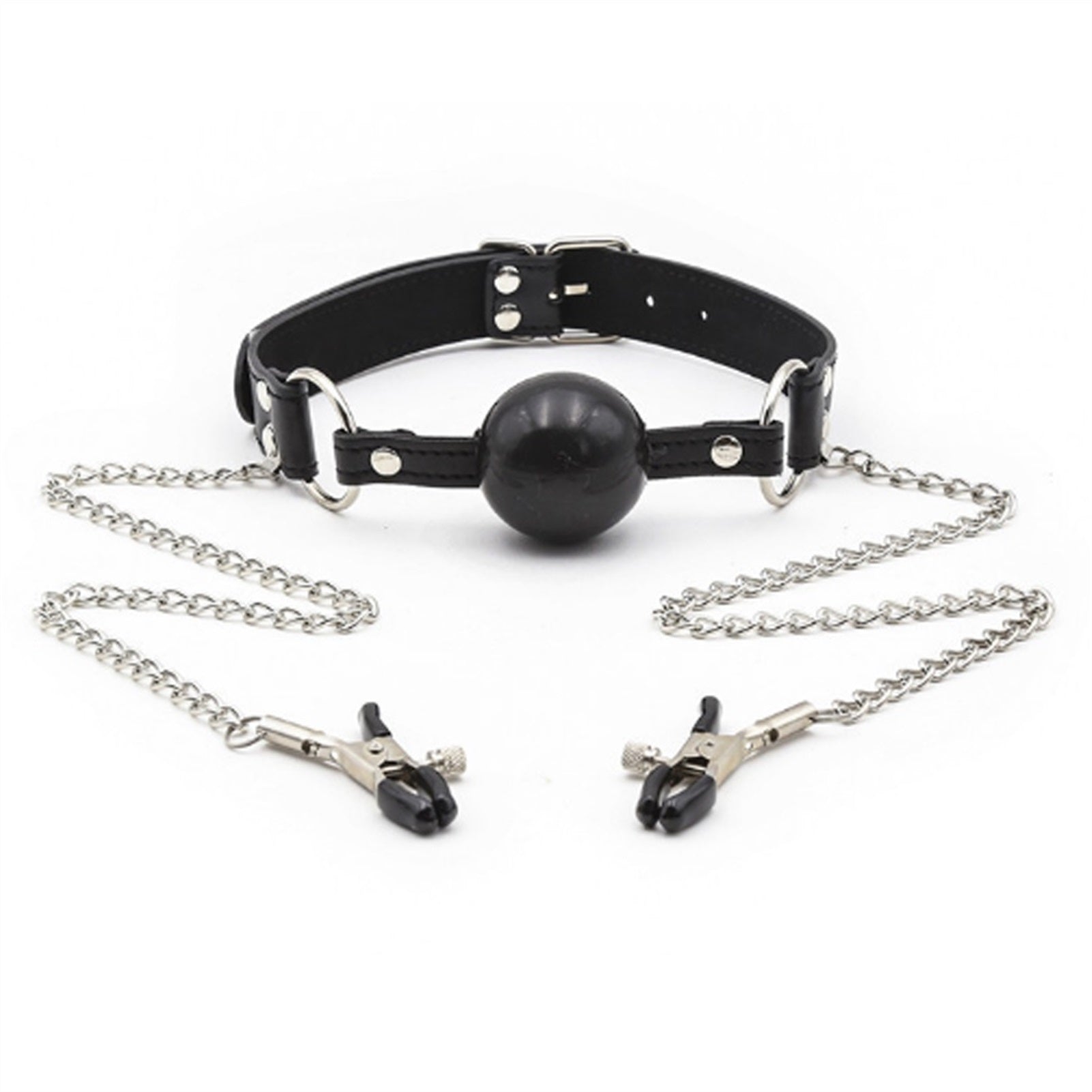Sex Toys Leather Mouth Clip Solid Black Adjustable