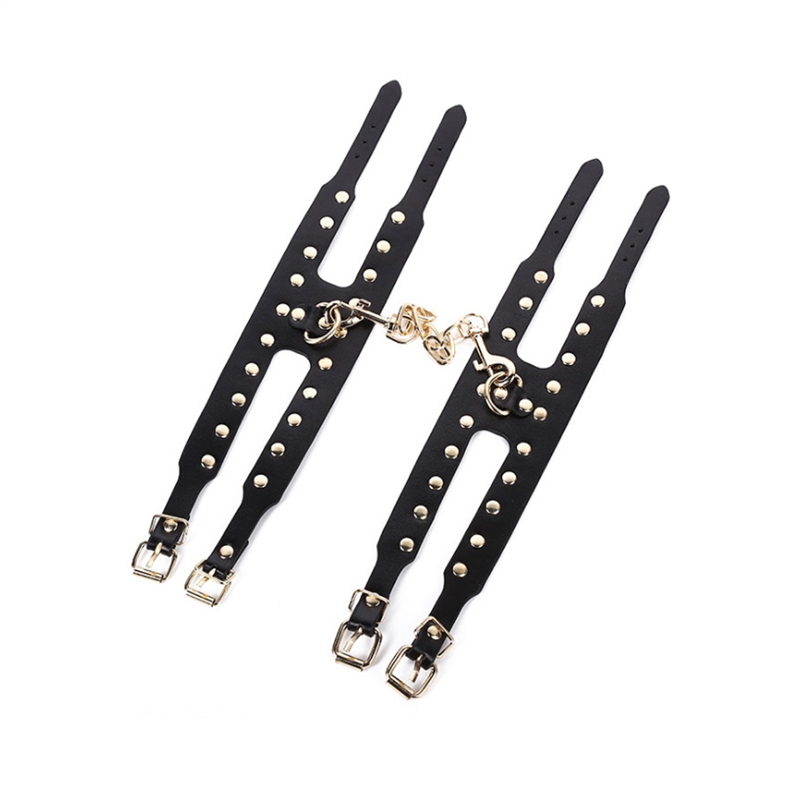 PU Leather Handcuffs Gold Rivet Chain Cuff Punk Ro
