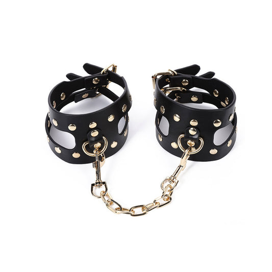 PU Leather Handcuffs Gold Rivet Chain Cuff Punk Ro