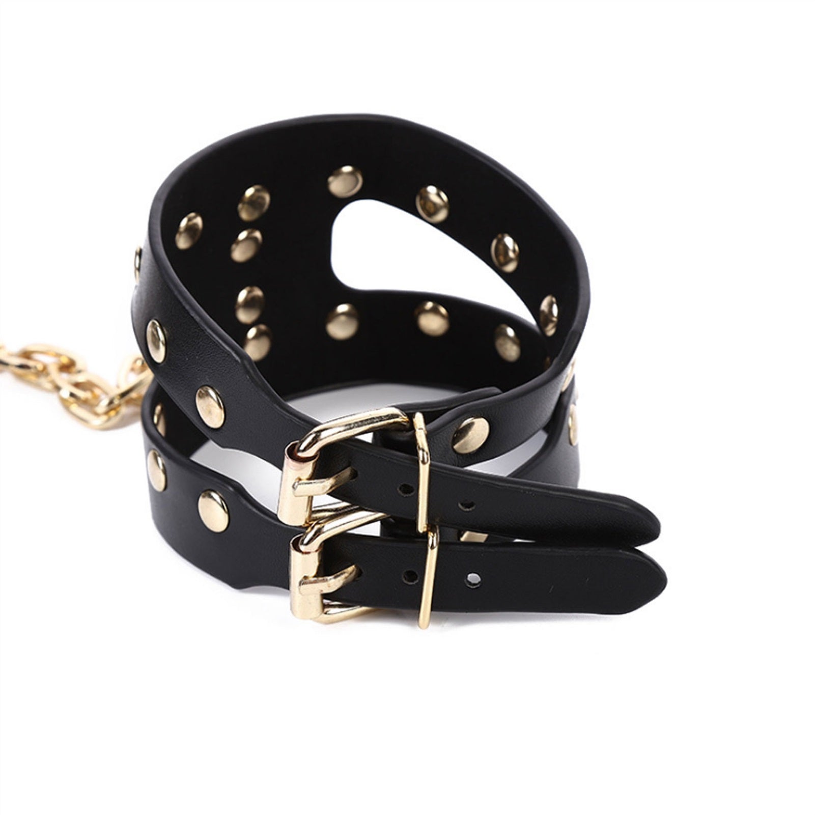 PU Leather Handcuffs Gold Rivet Chain Cuff Punk Ro