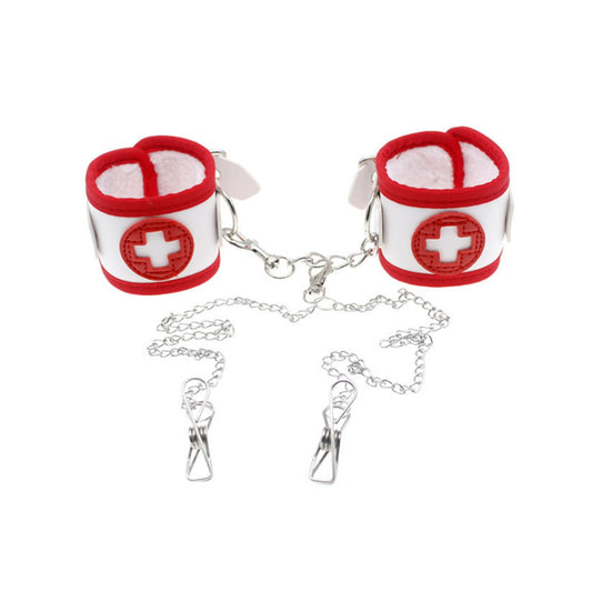 PU Leather Mouth Plug Handcuffs Gold Rivet Chain C