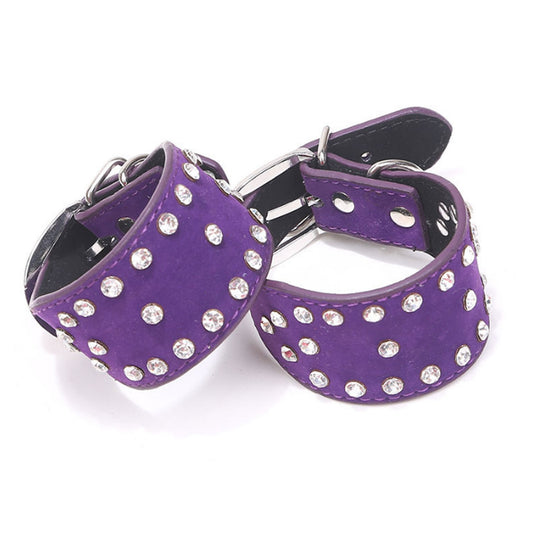 Suede Rhinestones Handcuffs Gold Rivet Chain Cuff 