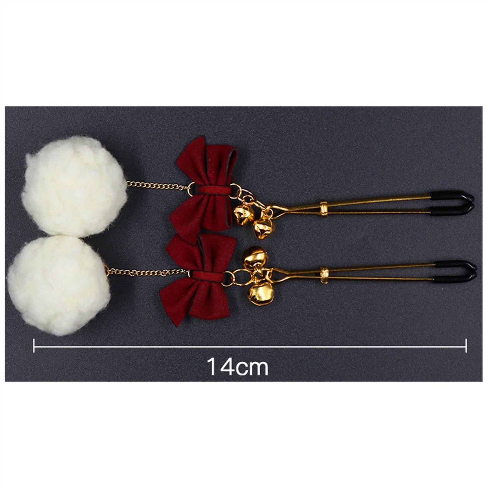 White Hair Ball Red Bow Bell Metal Clip Nipple Cla