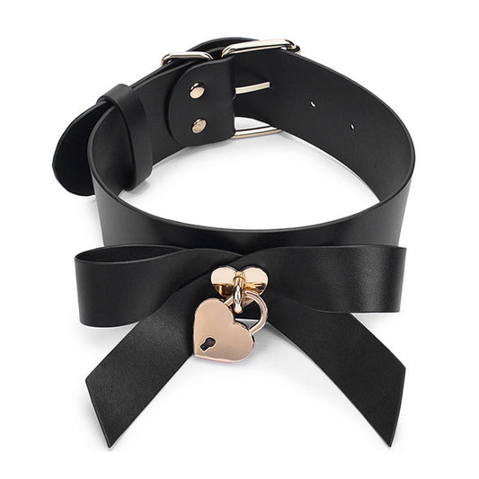 Love Padlock With Bow Leather Collar Necklace Adju