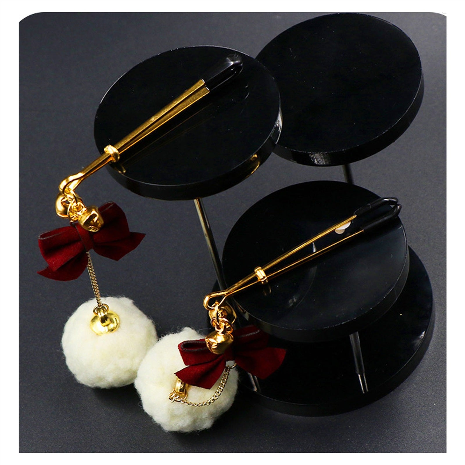 White Hair Ball Red Bow Bell Metal Clip Nipple Cla