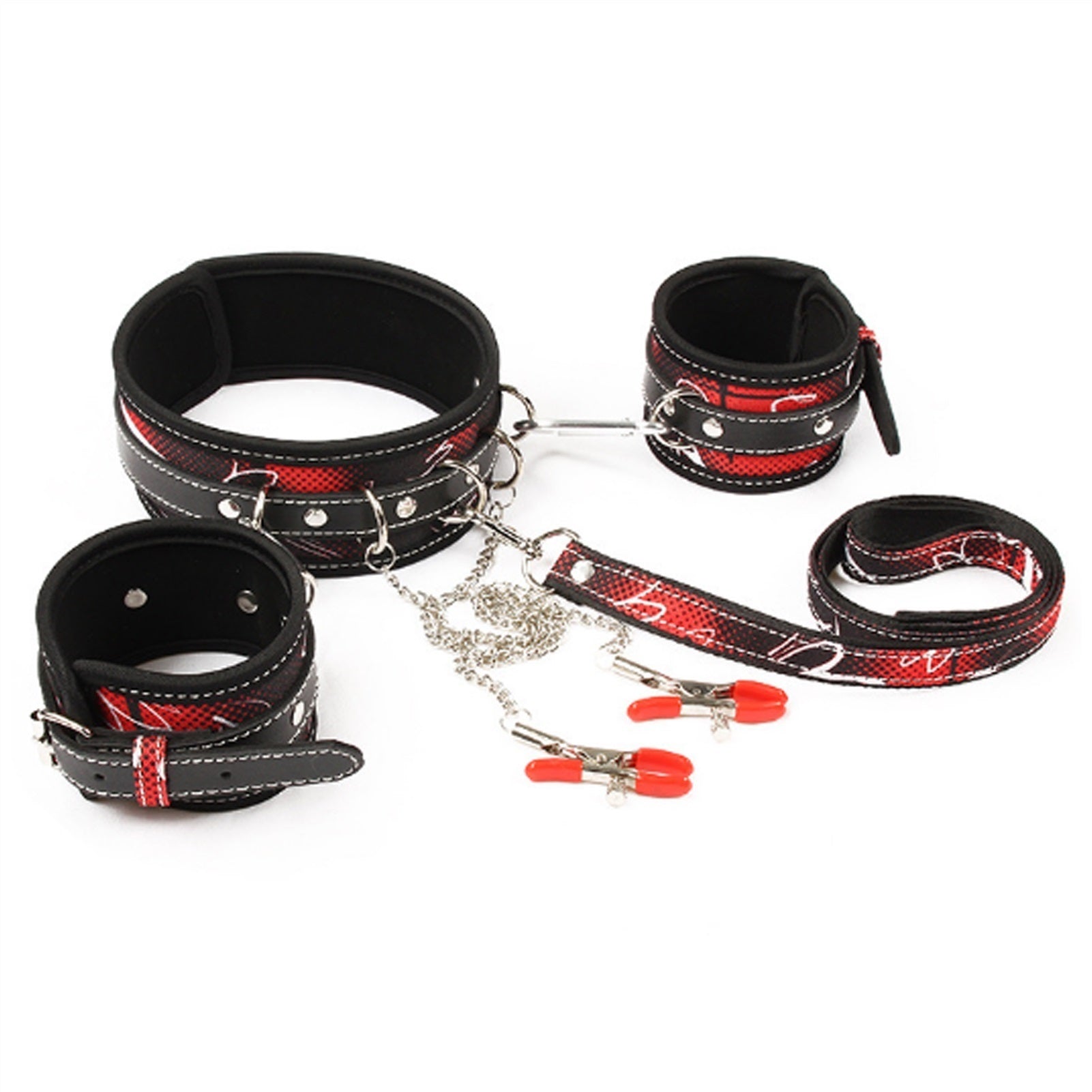 Bed Straps Red Checkered PU Leather Collar Cuffs S