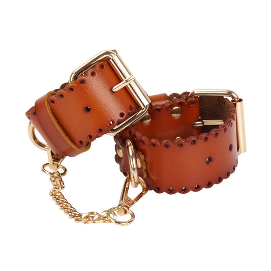Leather Handcuffs Gold Rivet Chain Cuff Punk Rock 