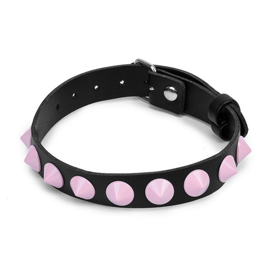 Pink Rivets Leather Collar Necklace Adjustable Siz