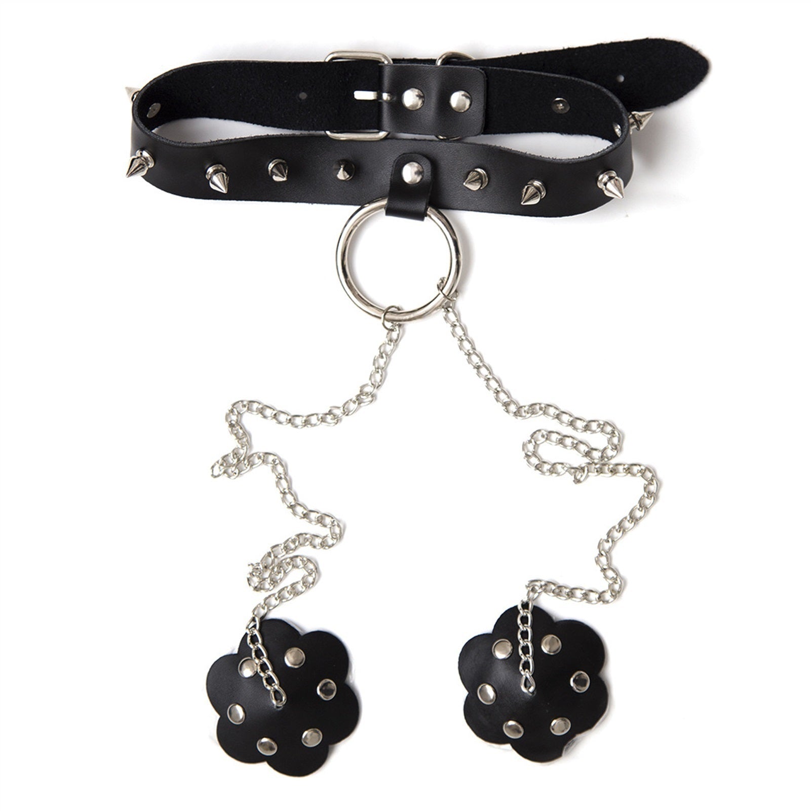 Punk Black PU Leather Rivets Collar Breast Nipple 