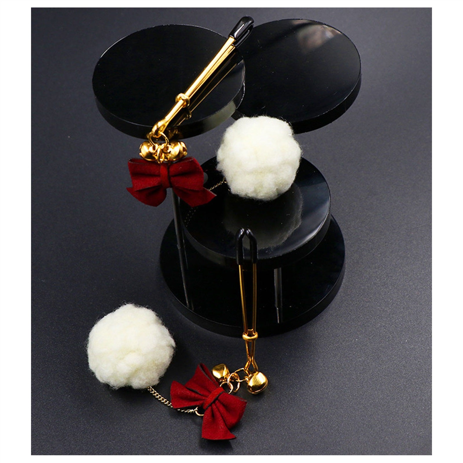 White Hair Ball Red Bow Bell Metal Clip Nipple Cla