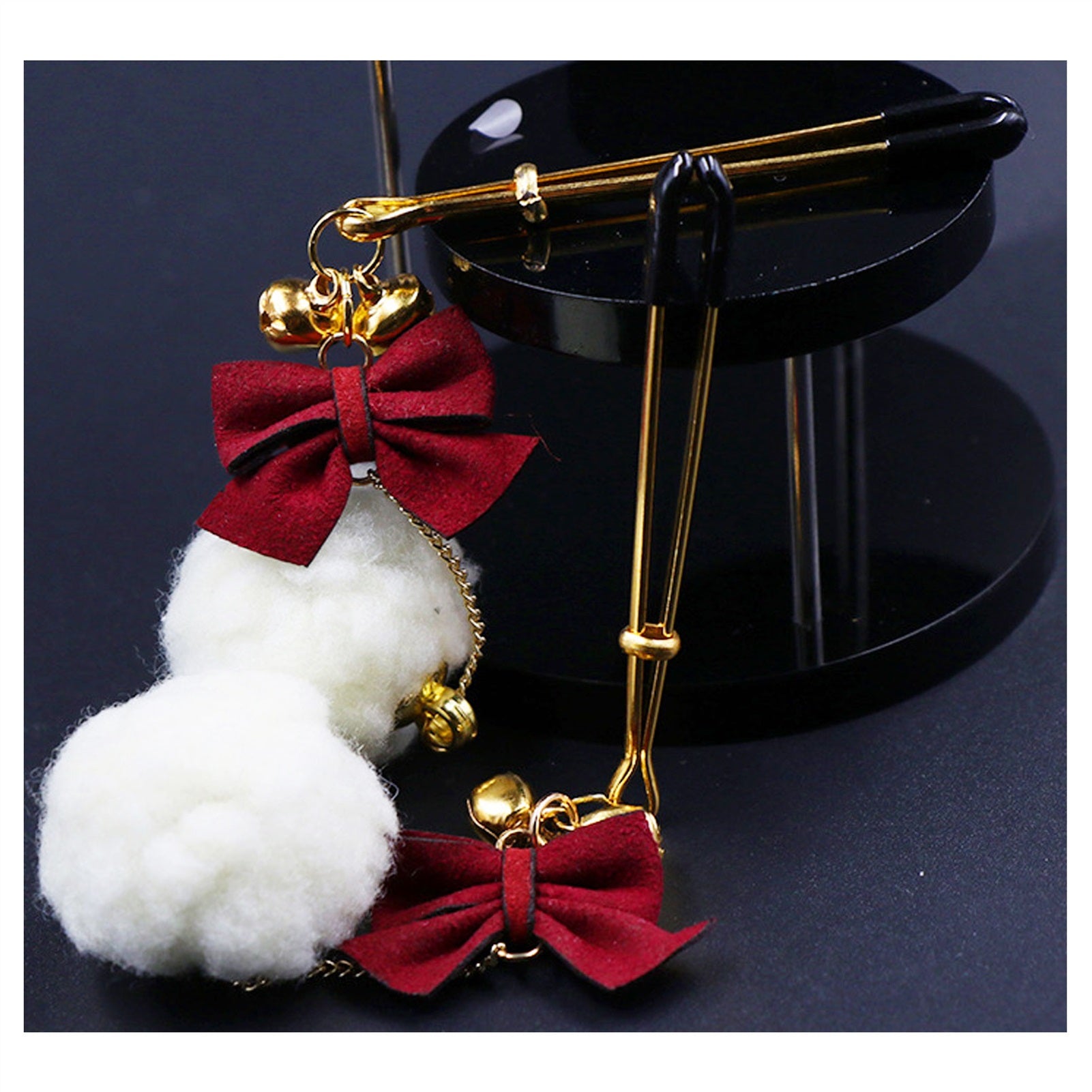 White Hair Ball Red Bow Bell Metal Clip Nipple Cla