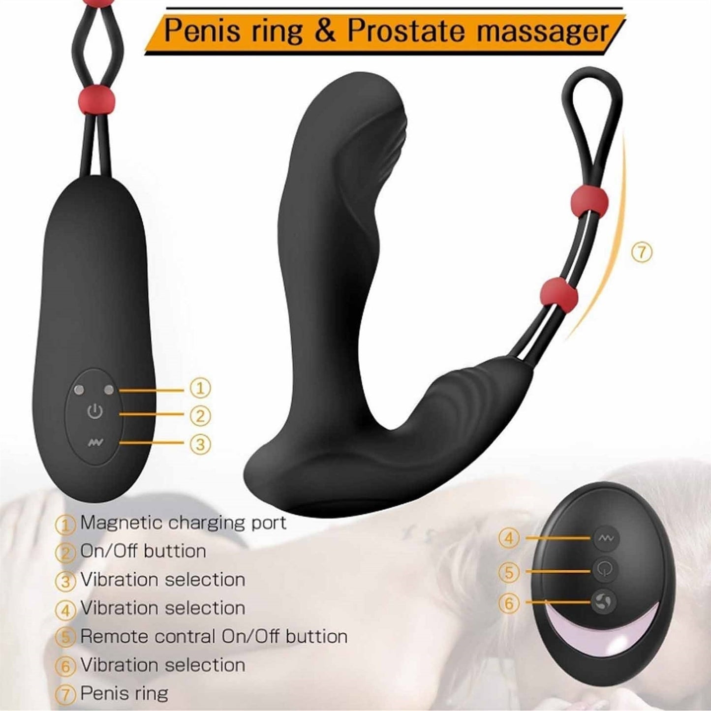 Male Prostate Massager Anal Vibrator with Penis Ri