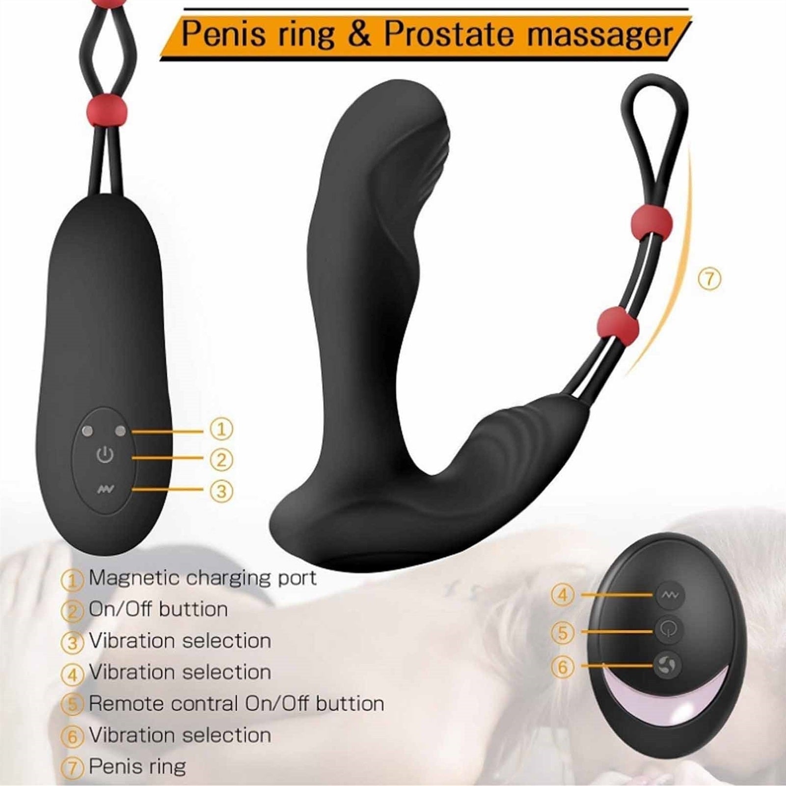 Male Prostate Massager Anal Vibrator with Penis Ri