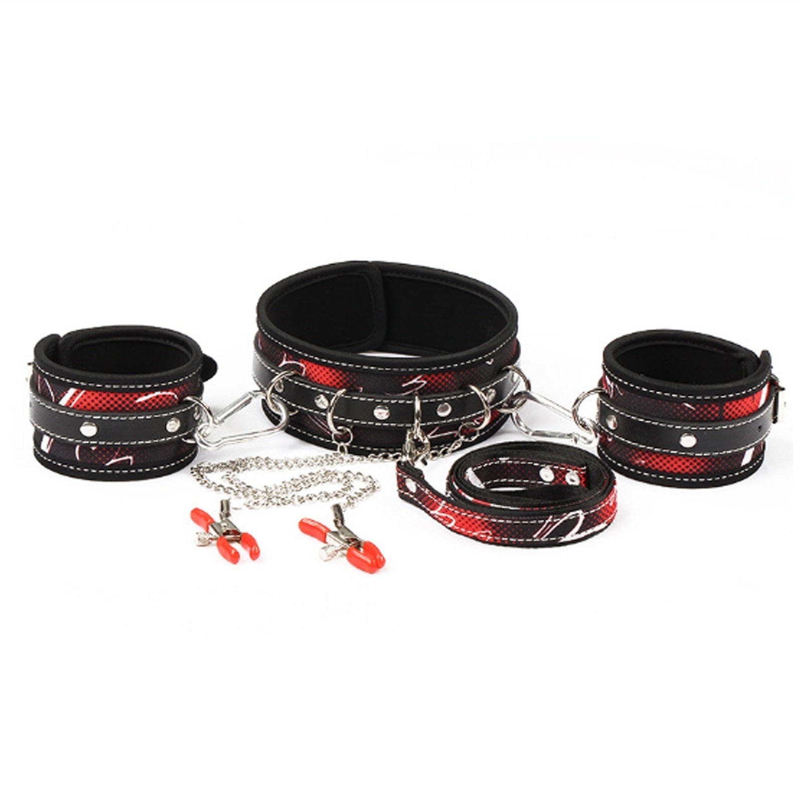 Bed Straps Red Checkered PU Leather Collar Cuffs S