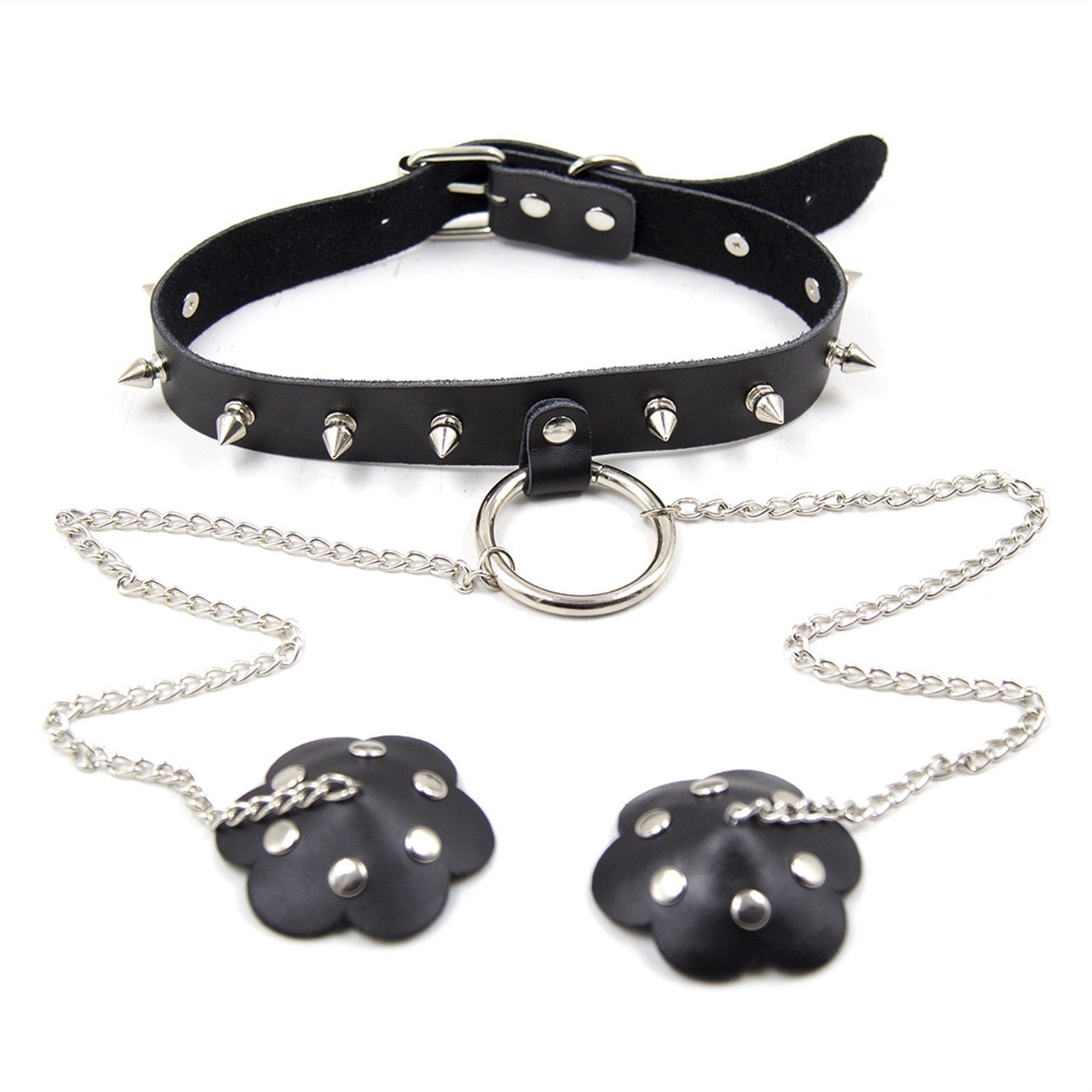 Punk Black PU Leather Rivets Collar Breast Nipple 