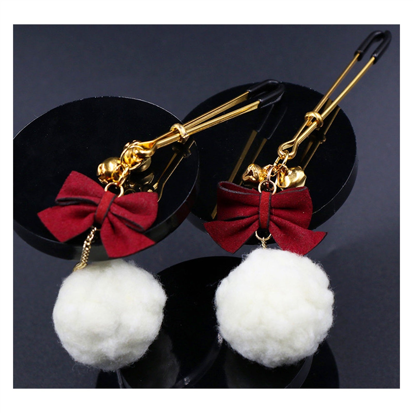 White Hair Ball Red Bow Bell Metal Clip Nipple Cla
