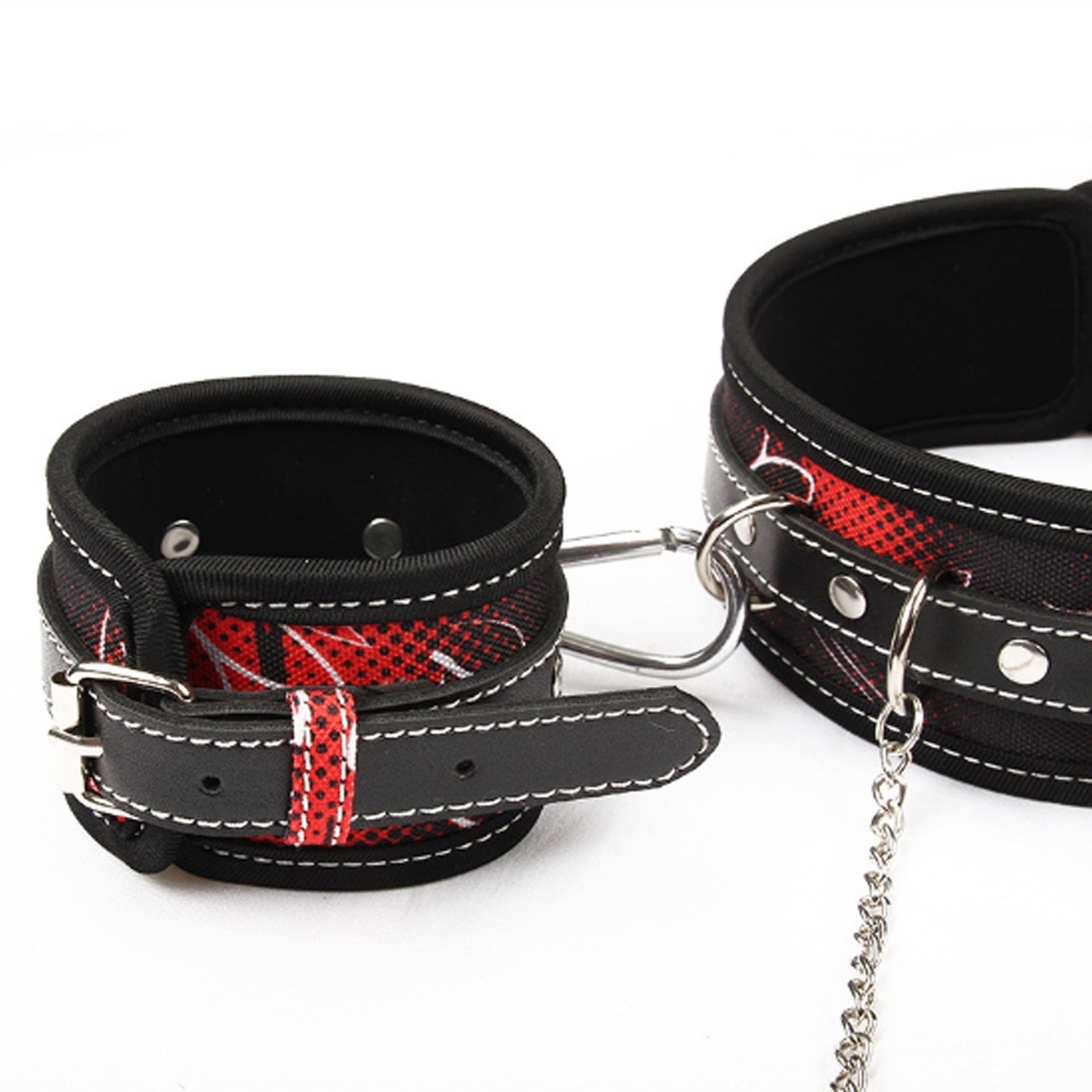 Bed Straps Red Checkered PU Leather Collar Cuffs S